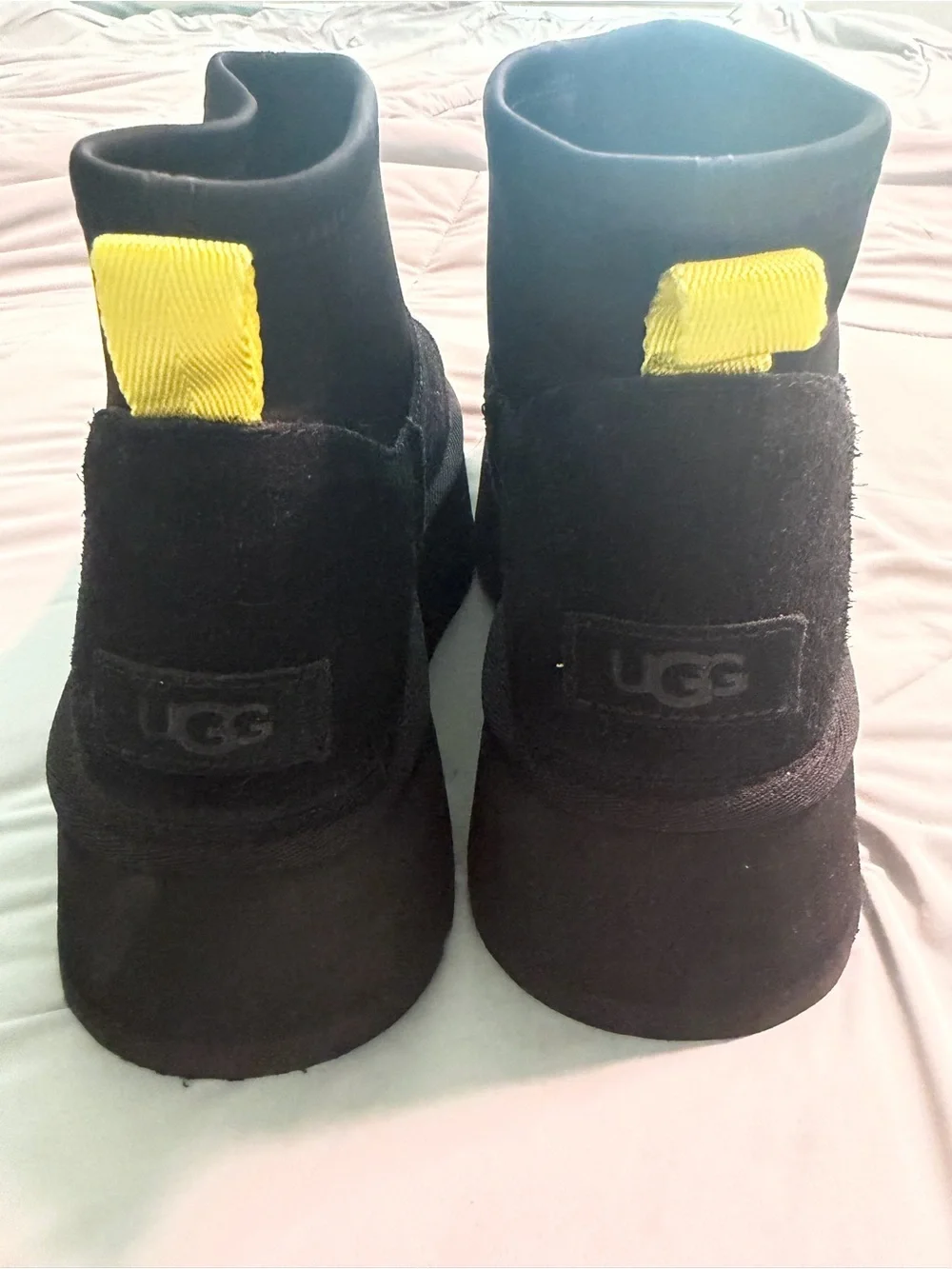 UGG Black Suede Ankle Boots with Yellow Pull Tabs
